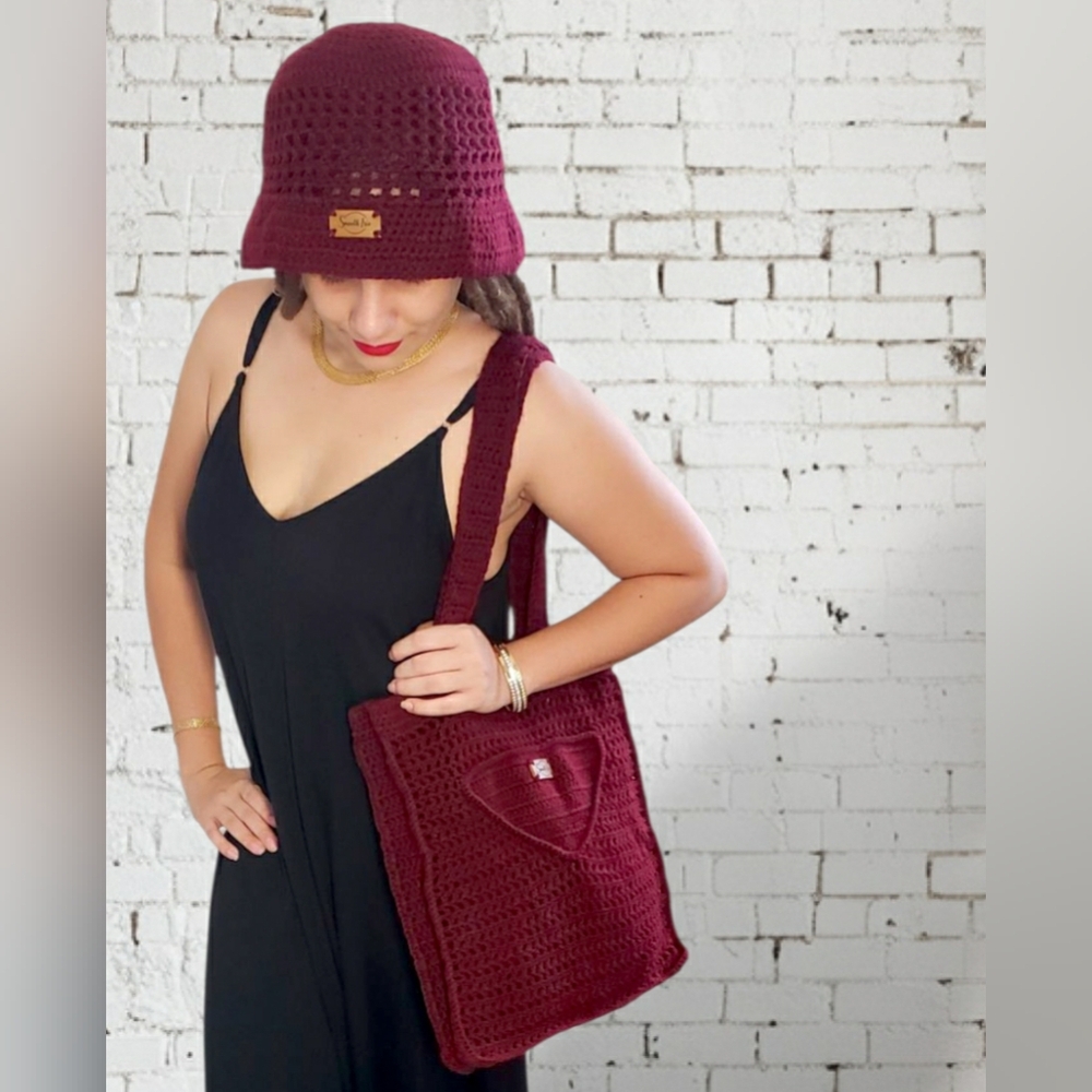 Midnight Wine Crochet Tote Bag & Mesh Bucket Hat 2piece set Burgundy Smooth Irie